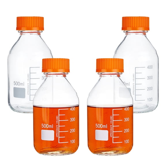 Reusable Glass Media Bottle with Dark Orange Plastic Screw Top Caps Round Clear 8.6x18cm Capacity: 500ml(16.91fl. oz)