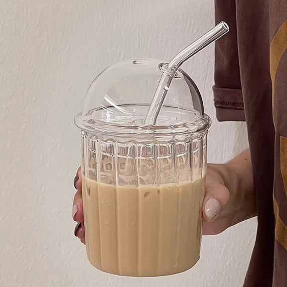 Reusable Glass Milkshake Cups 15oz Iced Coffee Mugs - Borosilicate Glass Tumbler with Glass Dome Lid + Straw - Wide Mouth Drinkware for Home Office Bar
