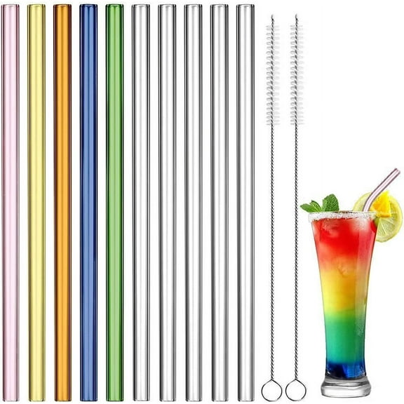 Reusable Glass Straw, 10 Pack Glass Drinking Straws Shatter Resistant, 8" x 0.32" Straight Colorful Eco-Friendly Straw 2 Brush, Perfect for Smoothies, Tea, Juice, Milkshakes, Frozen Drinks