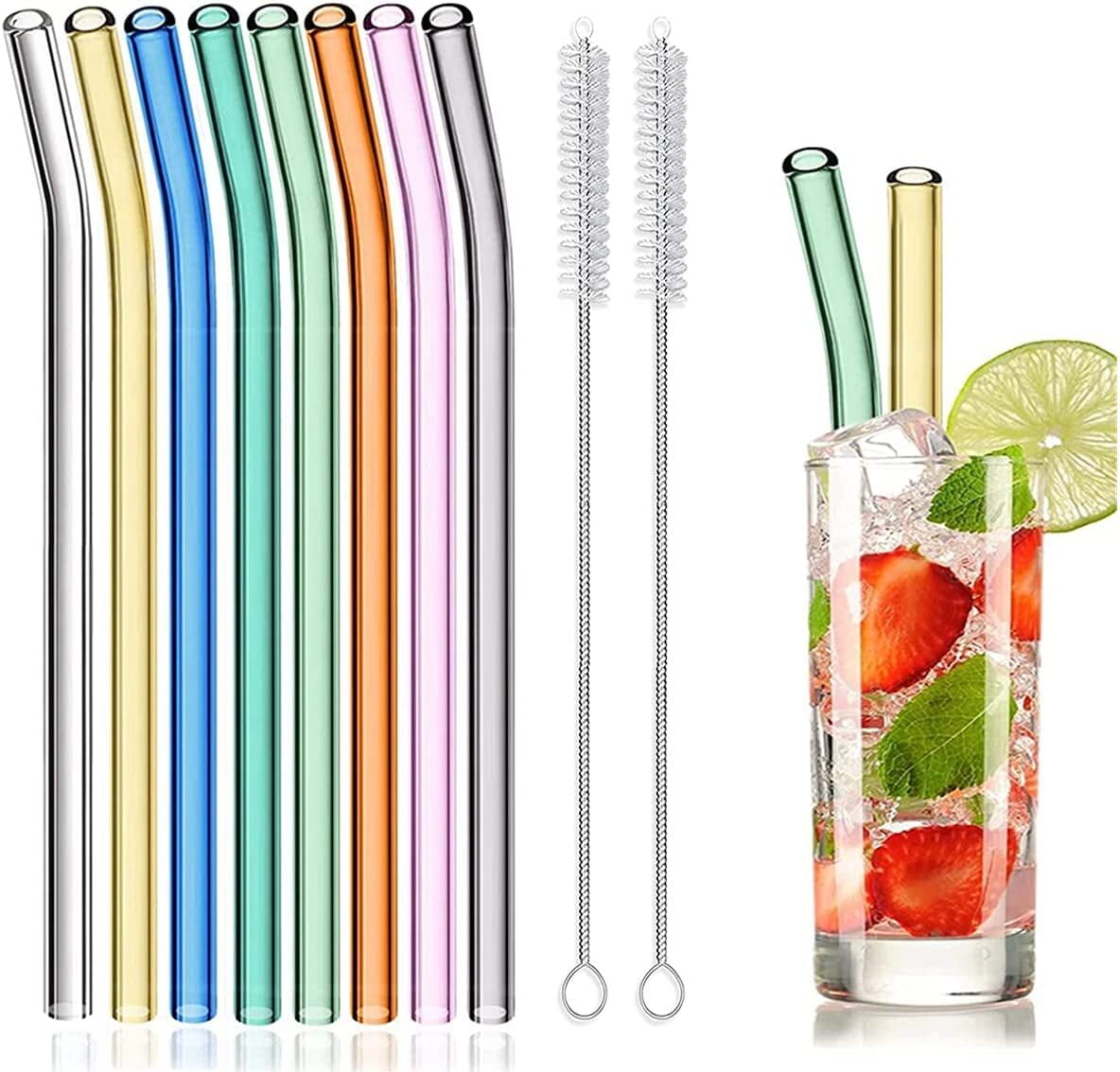 Greenline Goods Reusable Glass Straw Set | 8 Multi Color Straws with 2 Cleaning Brushes | 4 Eco Friendly Bent Glass Straws and 4 Straight Glass Tube