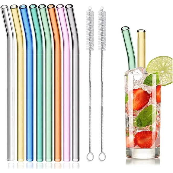 Reusable Glass Straw, 8 Pack Glass Drinking Straws Shatter Resistant, 8" x 0.32" Bent Colorful Eco-Friendly Straw 2 Brush, Perfect for Smoothies, Tea, Juice, Milkshakes, Frozen Drinks