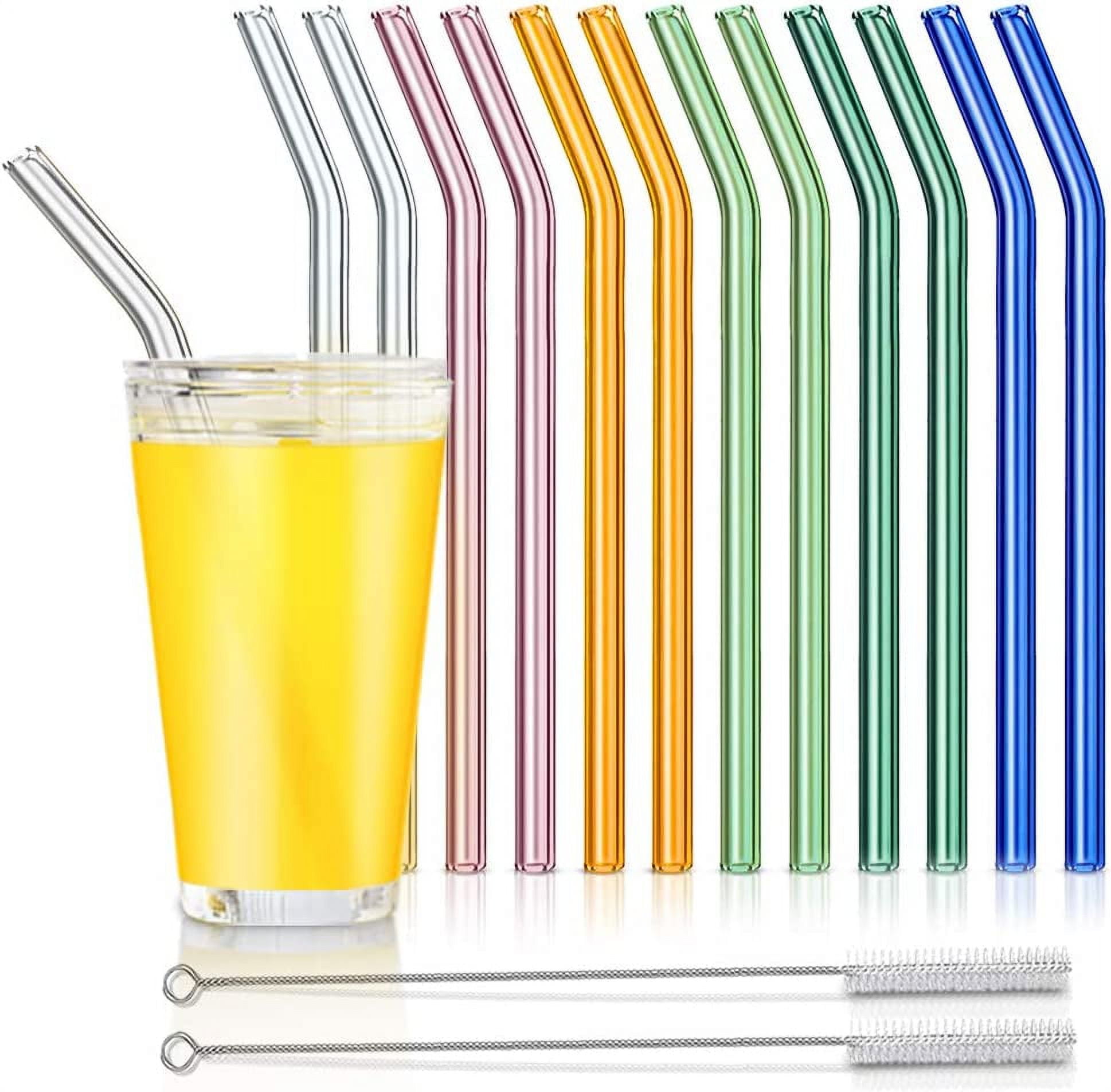 Multicolor Bent Glass Drinking Straws with Cleaning Brushes, 12 Pack