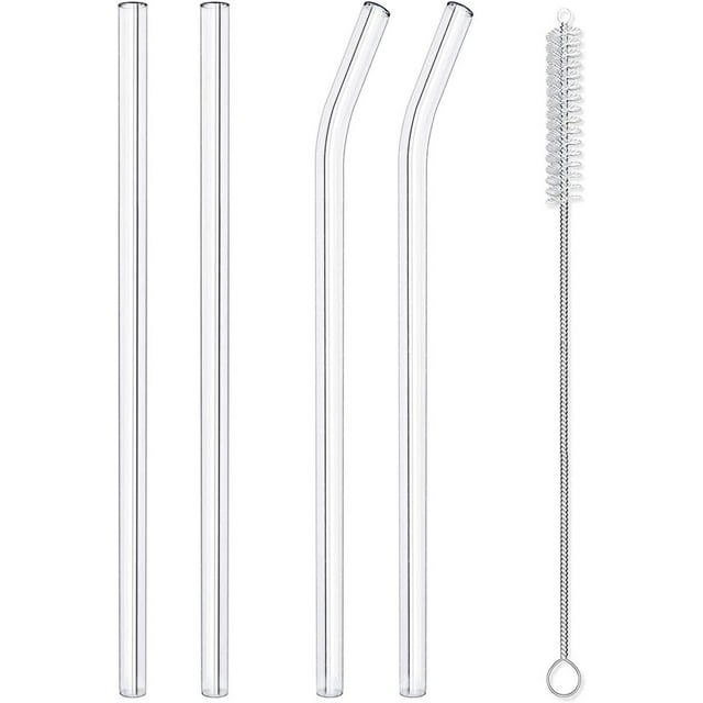 Reusable Glass Straws Set, 4-piece Drinking Staws with Cleaning Brush, 8" x 8 mm, Transparent Straws, Smoothie Straws for Milkshakes Tea Juice Wine, Dishwasher Safe