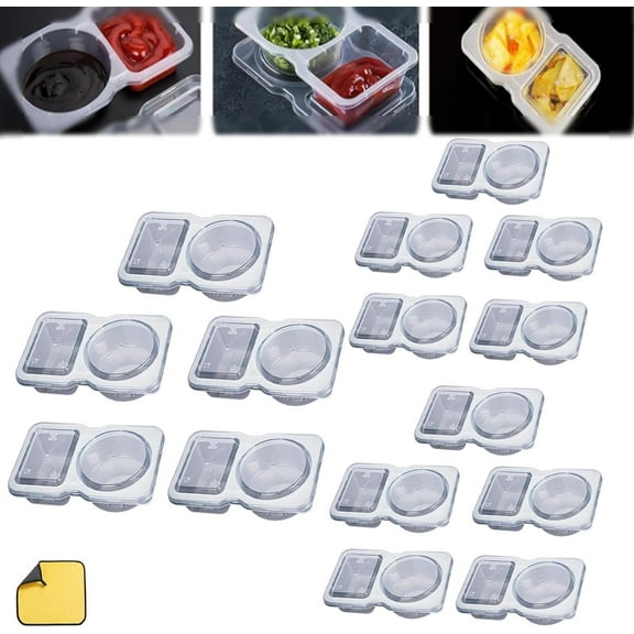 Reusable on the Go Snack Containers, Double Compartment Condiment Container with Lids, Nut Snack Pack Containers, for To-Go Sauce, Sampling, Travel Snack(15pc)
