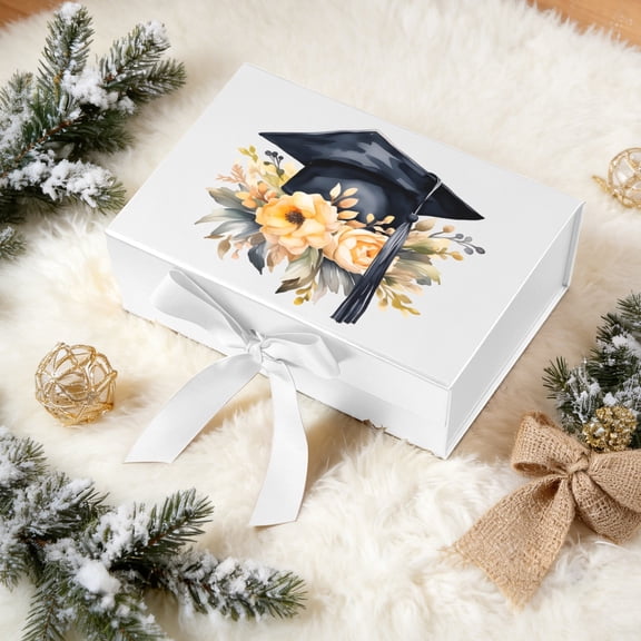 Reusable Graduation Printed Paper Gift Box, Durable Paper with Printed Pattern, Magnetic Closing and Delicate Ribbon, 11.4×8.6×4.1 in & 8.6×6.3×3.3 in for Graduation Keepsakes