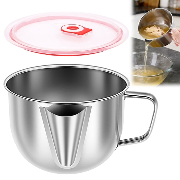 6 Cup Stainless Steel Fat Separator with Spout and Lid Grease Separator Bowl with Fine Mesh Strainer Heat Resistant Gravy Separator for Kitchen Cooking Broth Soup Stew
