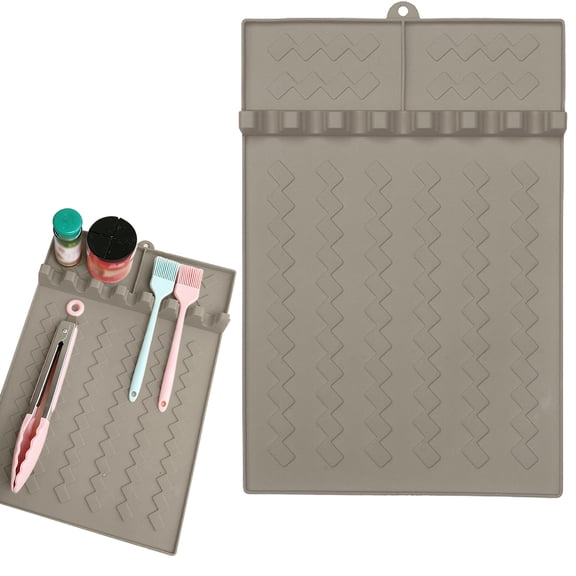 Reusable Grill Tool Mat, Large Silicone Spatula Rest for Flat Top Grill Pellet Smoker & Camp Stove, Drip Catcher for Grease Sauces Marinades, Dishwasher Safe, Gray, By Harlik
