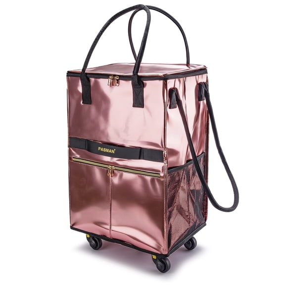 Reusable Grocery Bag on 5 Wheels, Foldable Rolling Tote Bag with Handle and Zipper Cover, 4 Pockets, Heavy Duty Shopping Cart for Laundry, Market & Trave (Rose Gold, Medium_67L)