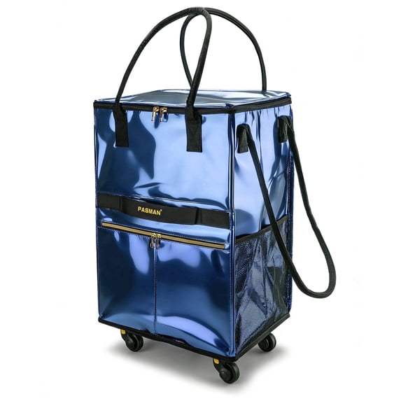 Reusable Grocery Bag on 5 Wheels, Foldable Rolling Tote Bag with Handle and Zipper Cover, (blue, Medium_67L)