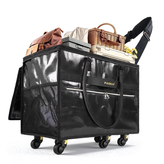 Reusable Grocery Bag on 6 Wheels,with Removable Baseboard,Foldable Rolling Tote,Heavy Duty Shopping Cart for Groceries,Laundry & Travel (Black, Medium-70L)