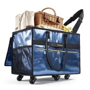 Pasman Reusable Grocery Bag with 6 Wheels, Foldable Rolling Tote, Heavy Duty Shopping Cart for Groceries & Laundry - Navy Blue, 70L