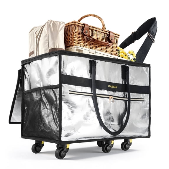 Pasman Reusable Grocery Bag with 6 Wheels, Foldable Rolling Tote, Collapsible Cart for Groceries, Silver, Medium, 70 Liter