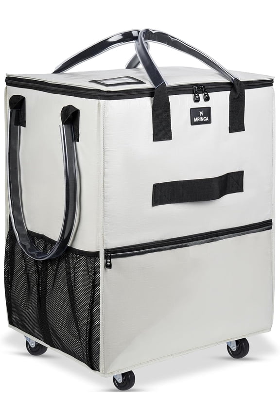 Reusable Grocery Bag On Wheels, Foldable Rolling Tote with 6 Pockets & 3-Way Carry, Heavy Duty Handles, Zippered Top for Groceries, Laundry, Storage, Small, Beige