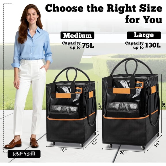 Reusable Grocery Bag on Wheels, 75L Large-Capacity Zippered Roller Tote, Carries Up to 66 LBS, Lightweight for Groceries, Laundry, Moving, Storage