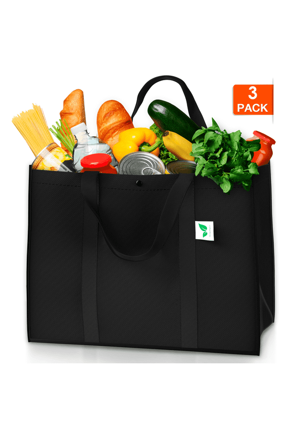 Reusable Grocery Bags (3 Pack, Black) - Hold 50+ lbs - Large & Super Strong, Heavy Duty Shopping Bags - Grocery Tote Bag with Reinforced Handles & Thick Plastic Support Bottom