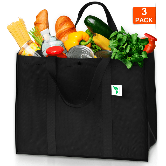 Reusable Grocery Bags (3 Pack, Black) - Hold 50+ lbs - Large & Super Strong, Heavy Duty Shopping Bags - Grocery Tote Bag with Reinforced Handles & Thick Plastic Support Bottom