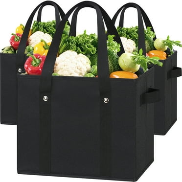 Reusable Grocery Bags (3 Pack) – Heavy Duty Reusable Shopping Bags with Box Shape to Stand Up and Stay Open – Large Tote Bags with Long Handles & Reinforced Bottom – Foldable Utility Bag – Chevron