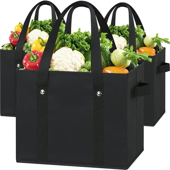 Reusable Grocery Bags (3 Pack) – Heavy Duty Reusable Shopping Bags with Box Shape to Stand Up and Stay Open – Large Tote Bags with Long Handles & Reinforced Bottom – Foldable Utility Bag – Chevron