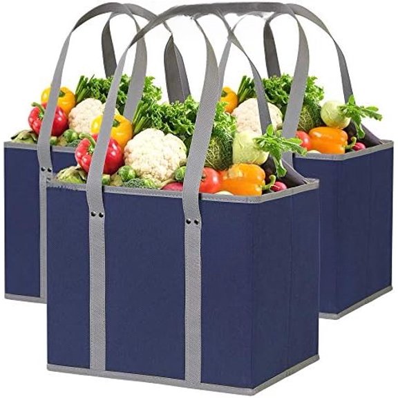 Reusable Grocery Bags (3 Pack) – Heavy Duty Reusable Shopping Bags with Box Shape to Stand Up, Stay Open, Fold Flat – Large Tote Bags are Foldable with Long Handles & Hard Bottom (Navy Blue)