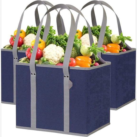 PLERISE Reusable Grocery Bags (3 Pack) – Heavy Duty Shopping Tote with Hard Bottom, Foldable & Stand-Up Design, Navy Blue"