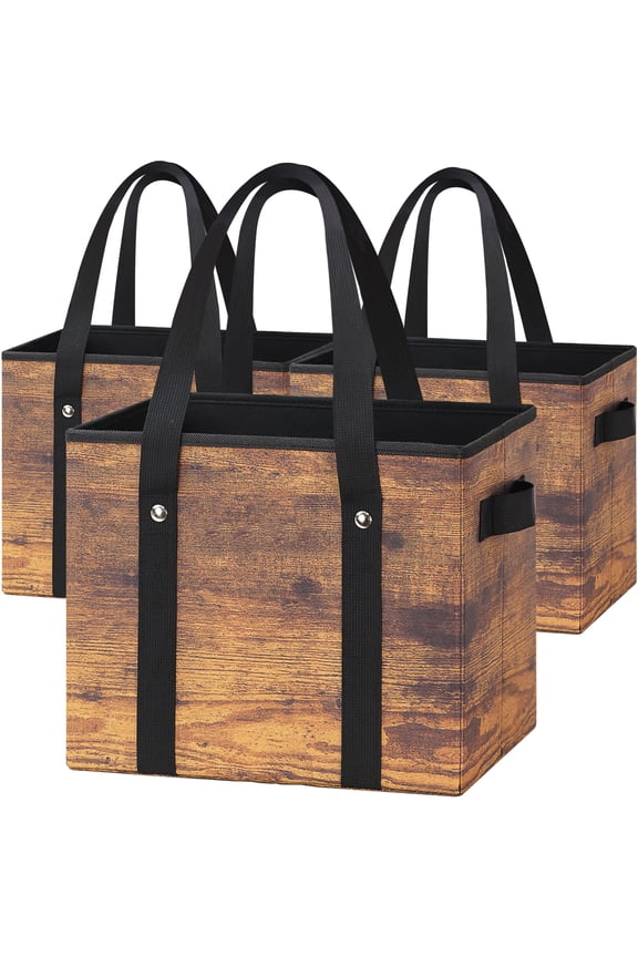 Reusable Grocery Bags (3 Pack) – Heavy Duty Reusable Shopping Bags with Box Shape to Stand Up, Stay Open, Fold Flat – Large Tote Bags are Foldable with Long Handles & Hard Bottom