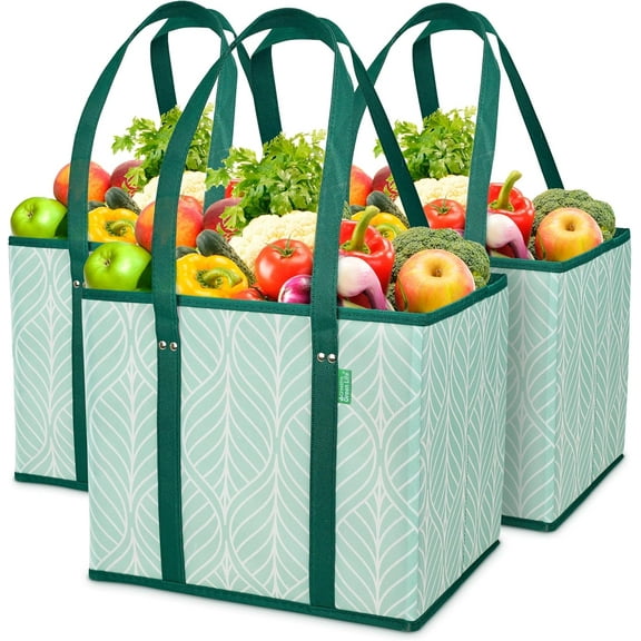 Reusable Grocery Bags (3 Pack) Heavy Duty Reusable Shopping Bags for Groceries with Box Shape to Stand Up, Stay Open, Fold Flat Large Tote-Bag is Foldable with Long Handles & Hard Bottom (Green)