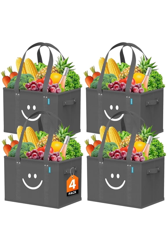 Reusable Grocery Bags 4 Pack - Collapsible Tote Shopping Bags with Sturdy Handles & Bottom to Stands Upright, Grey