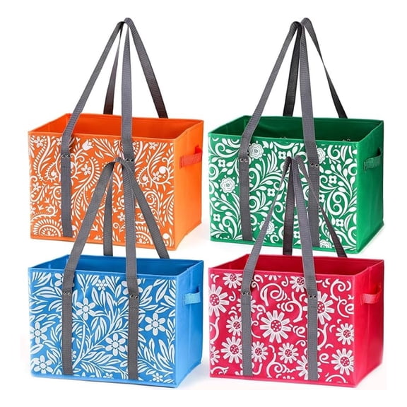Reusable Grocery Bags 4 Pack, Large Collapsible Storage Tote Bags with Reinforced Handles, Heavy Duty Foldable Shopping Bags for Groceries, Clothes, Travel, Floral Design