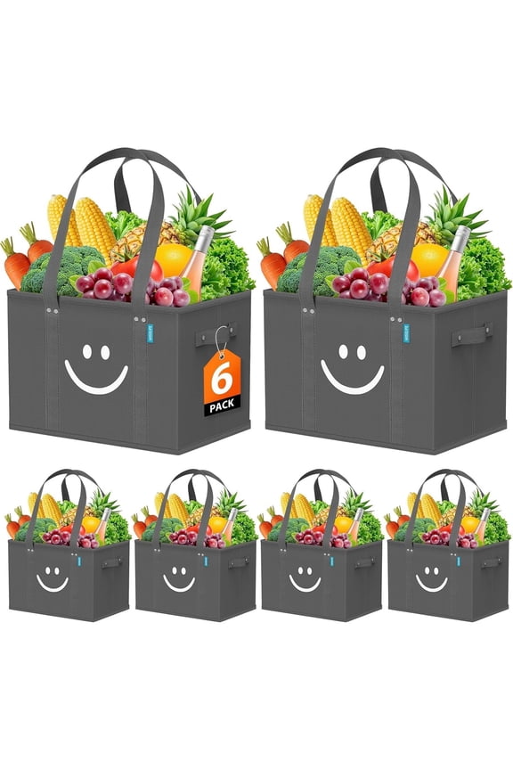Reusable Grocery Bags 6 Pack - Collapsible Tote Shopping Bags with Sturdy Handles & Bottom to Stands Upright, Grey