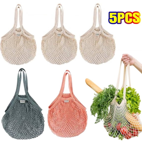 Reusable Grocery Bags Cotton Net, Mesh Produce Bags Reusable Washable, Farmers Market Bag with Long Handle for Vegetables Fruit (5 pack)