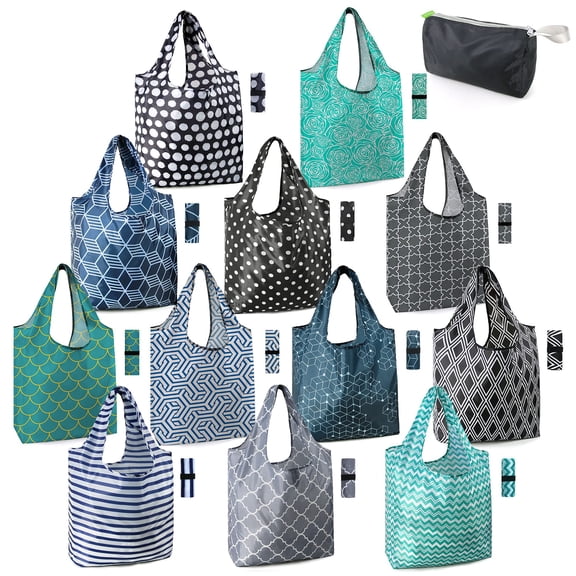 Reusable Grocery Bags Lightweight Durable Shopping Washable Foldable 12 Pack Xlarge Classic Geometric Design Gift Tote With Elastic Band And Separated Zipper Storage Pouch