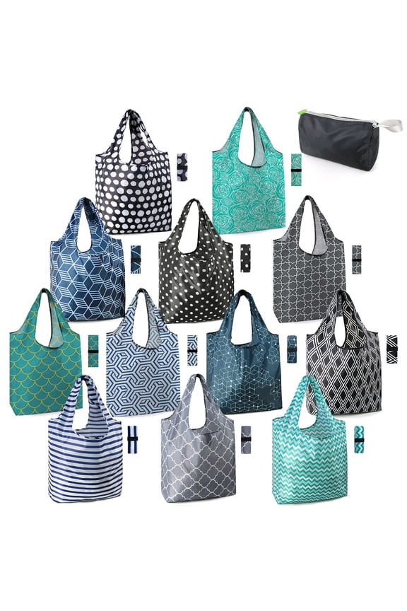 Reusable Grocery Bags Lightweight Durable Shopping Washable Foldable 12 Pack Xlarge Classic Geometric Design Gift Tote With Elastic Band And Separated Zipper Storage Pouch