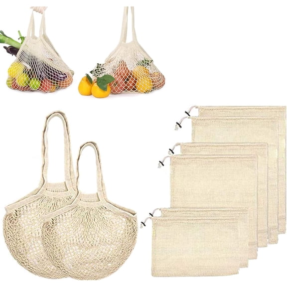 Reusable Grocery Bags - Set of 8 Biodegradable Mesh Produce Bags, Cotton String Muslin Bags Shopping Net Bag with Drawstring, for Fruit Vegetable Storage