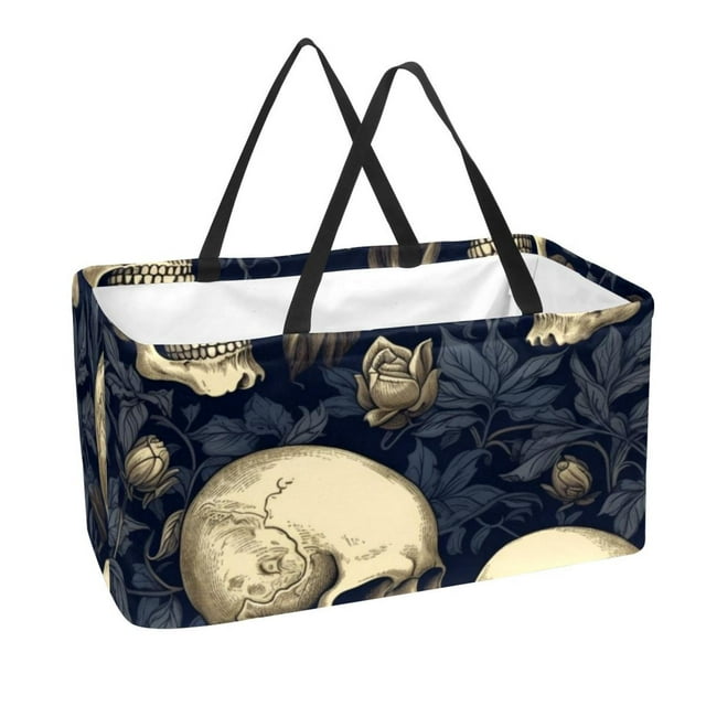 Reusable Grocery Bags Skull and Flowers Foldable Washable Large Storage ...