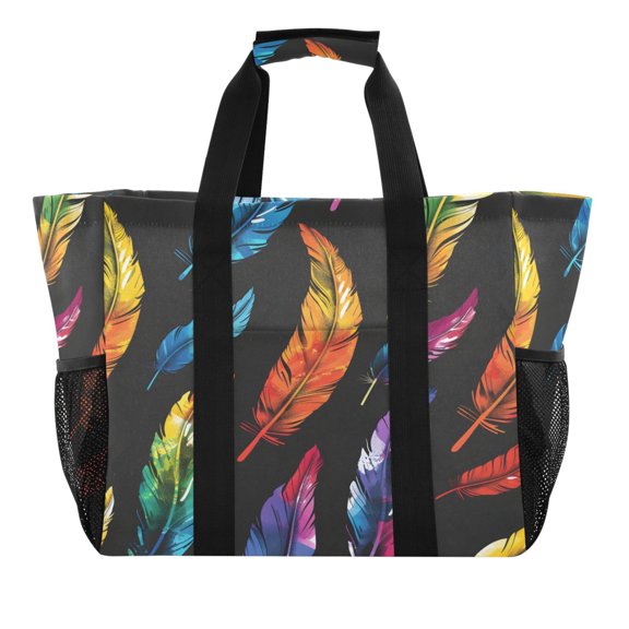 Reusable Grocery Bags with Handle Side Pocket Waterproof Shopping Portable Tote Beautiful Colorful Feather