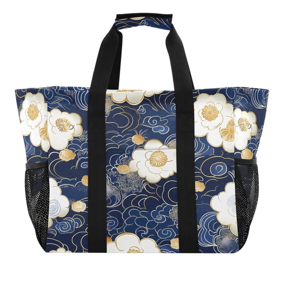 Reusable Grocery Bags with Handle Side Pocket Waterproof Shopping Portable Tote Blue Cloud White Flower