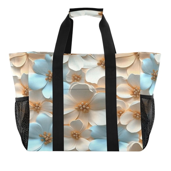 Reusable Grocery Bags with Handle Side Pocket Waterproof Shopping Portable Tote Blue Peach 3d Flowers