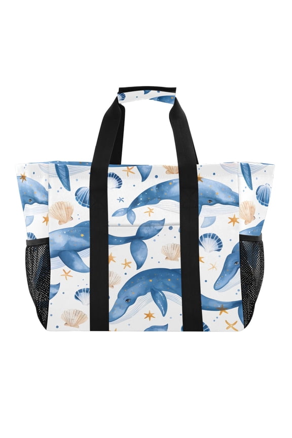 Reusable Grocery Bags with Handle Side Pocket Waterproof Shopping Portable Tote Blue Whales Seashells Stars