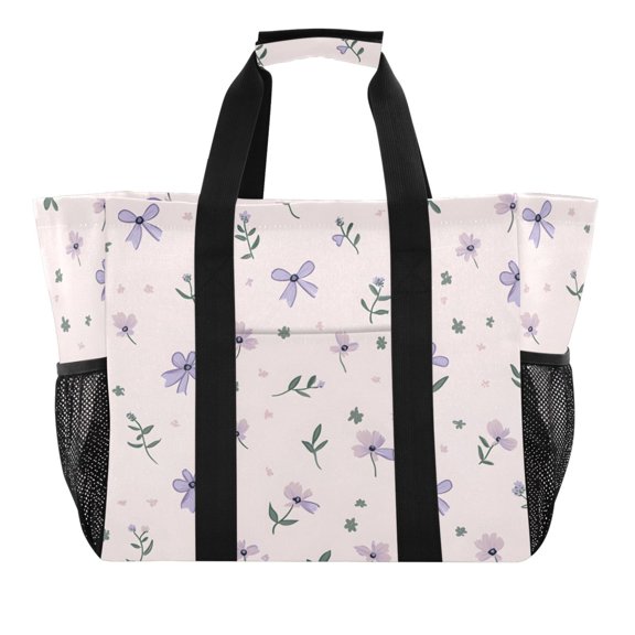 Reusable Grocery Bags with Handle Side Pocket Waterproof Shopping Portable Tote Bows Flower Leaf