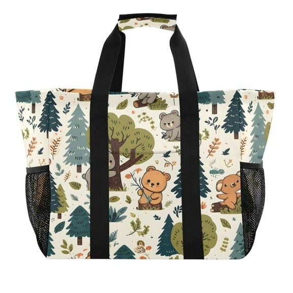 Reusable Grocery Bags with Handle Side Pocket Waterproof Shopping Portable Tote Cartoon Bear with Tree