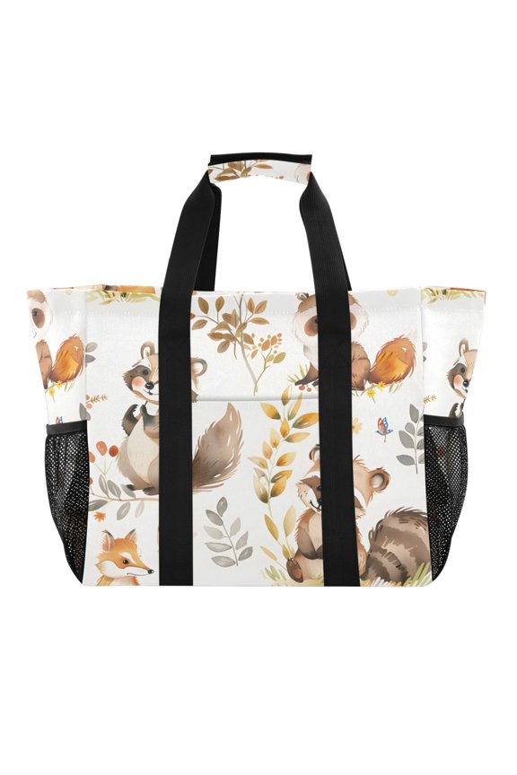 Reusable Grocery Bags with Handle Side Pocket Waterproof Shopping Portable Tote Cartoon Raccoon Fox