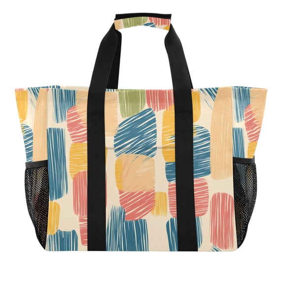 Reusable Grocery Bags with Handle Side Pocket Waterproof Shopping Portable Tote Colorful Line Doodle Squares