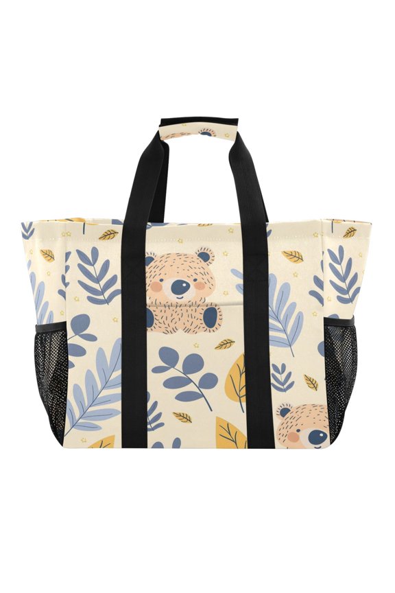 Reusable Grocery Bags with Handle Side Pocket Waterproof Shopping Portable Tote Cute Bear and Leaves