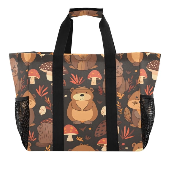Reusable Grocery Bags with Handle Side Pocket Waterproof Shopping Portable Tote Cute Beaver and Mushroom