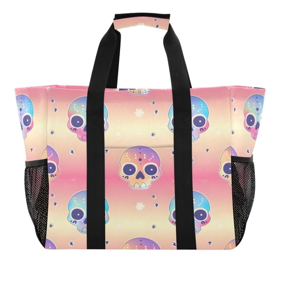 Reusable Grocery Bags with Handle Side Pocket Waterproof Shopping Portable Tote Cute Colorful Skull Head