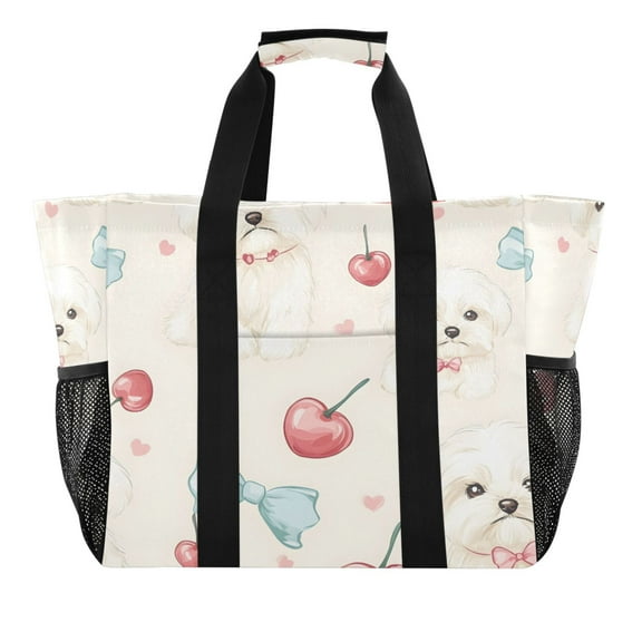 Reusable Grocery Bags with Handle Side Pocket Waterproof Shopping Portable Tote Cute Dogs Cherry Bow