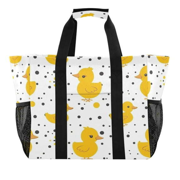 Reusable Grocery Bags with Handle Side Pocket Waterproof Shopping Portable Tote Cute Duck with Polka Dot