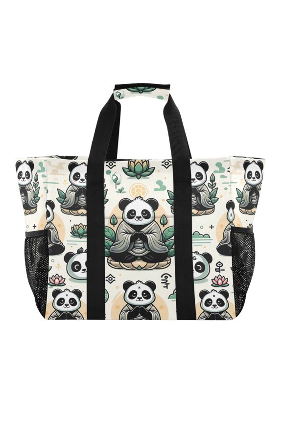 Reusable Grocery Bags with Handle Side Pocket Waterproof Shopping Portable Tote Cute Panda with Lotus Flower