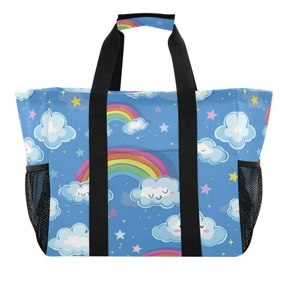 Reusable Grocery Bags with Handle Side Pocket Waterproof Shopping Portable Tote Cute Rainbow and Cloud
