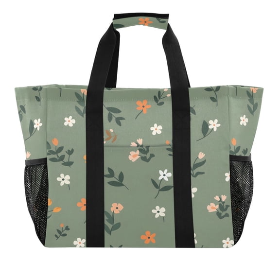 Reusable Grocery Bags with Handle Side Pocket Waterproof Shopping Portable Tote Cute Small Flowers and Leaves